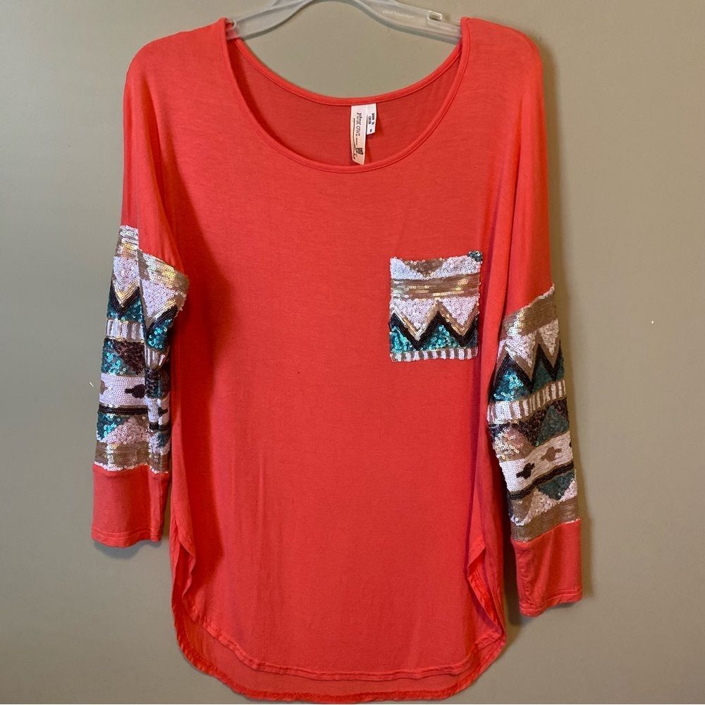 Pink Owl Coral Sequin Long Sleeve Top